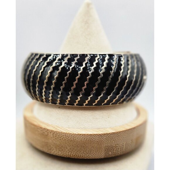 Vintage Silver Tone Bracelet Black Enamel With Silver Stripes Hinged - Picture 1 of 3